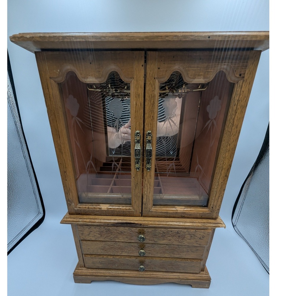 Vintage Wood Jewelry Armoire Etched Glass Doors Oak Finish 15.5in